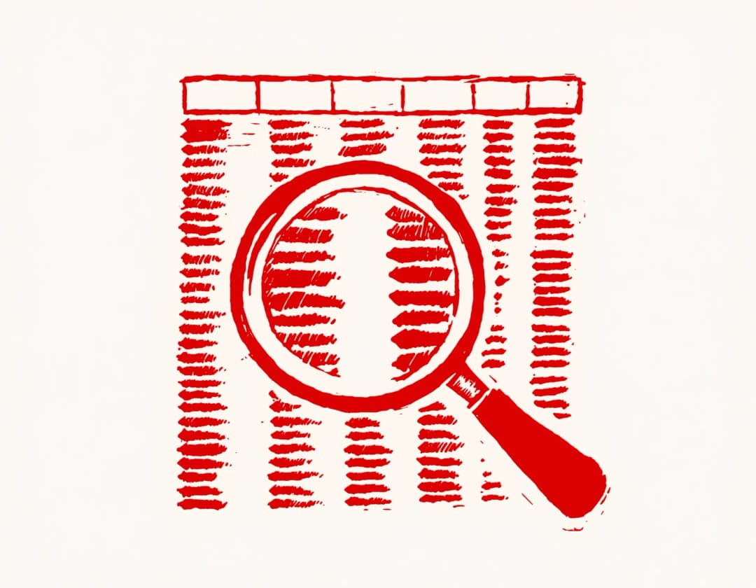 Woodcut stamp of an invoice with a magnifying glass hovering over a line item