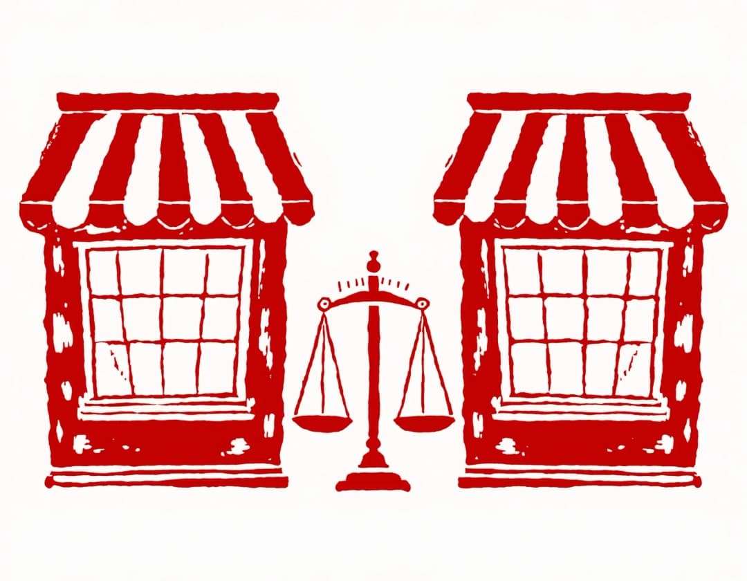 Woodcut stamp of two independent storefronts separated by a two-pan balance scale