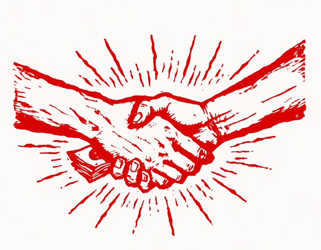 Woodcut stamp of a handshake with cash being passed and radiating action lines