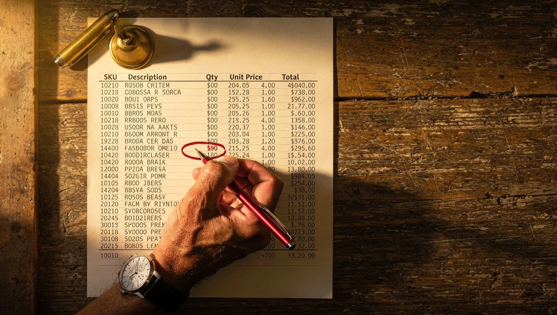 Overhead shot of a shop owner's hand circling an overcharged line item on a distributor invoice with a vermilion pen